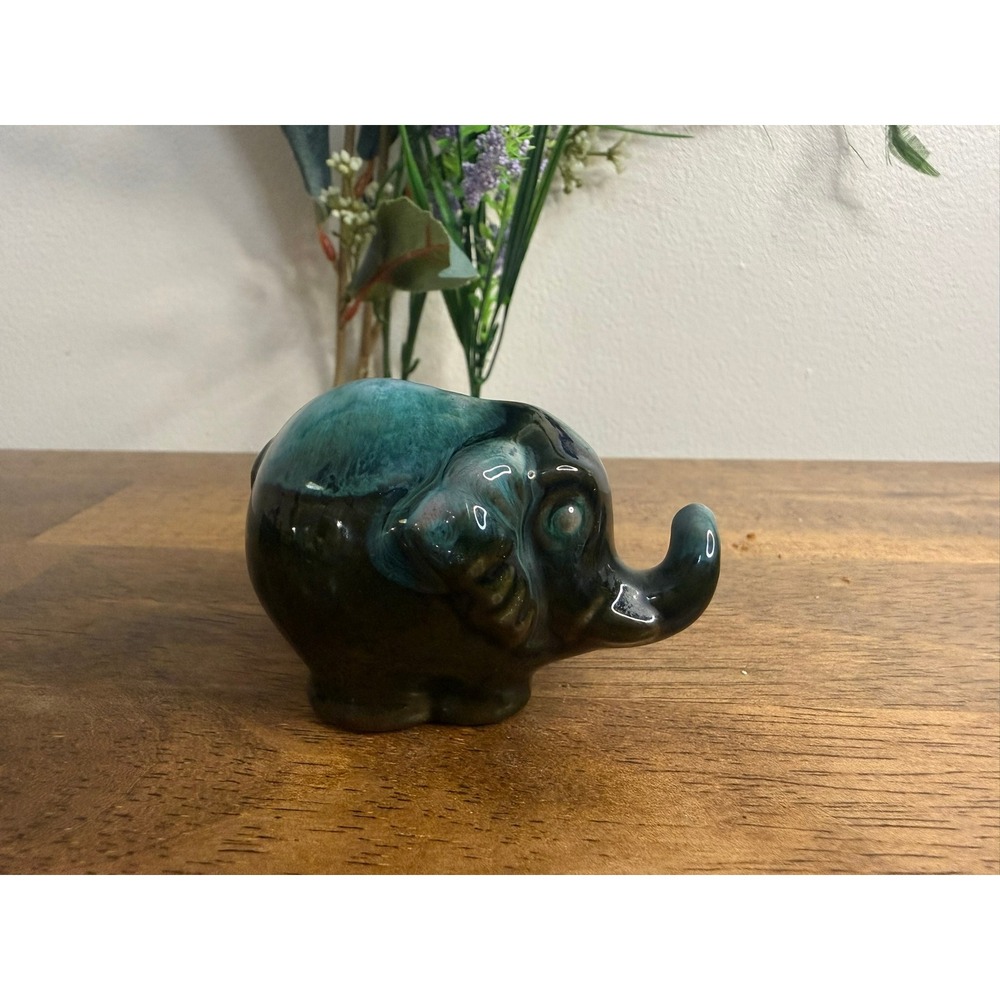 Vintage Blue Mountain Pottery Elephant Figurine Green Black Drip Glaze Canada
